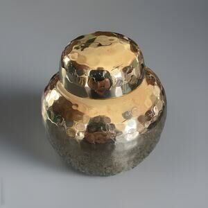 Vintage Hammered Brass Ginger Jar/ Urn W/lid Shiny Decorative Keepsake India 4”